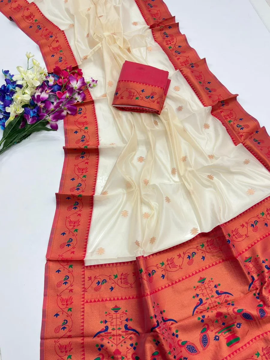 Paithani 652 – Premium Soft Tissue Silk Paithani Saree with rich Zari woven Paithani pallu, contrast Zari & Meena classic lotus woven border, all-over tiny butt