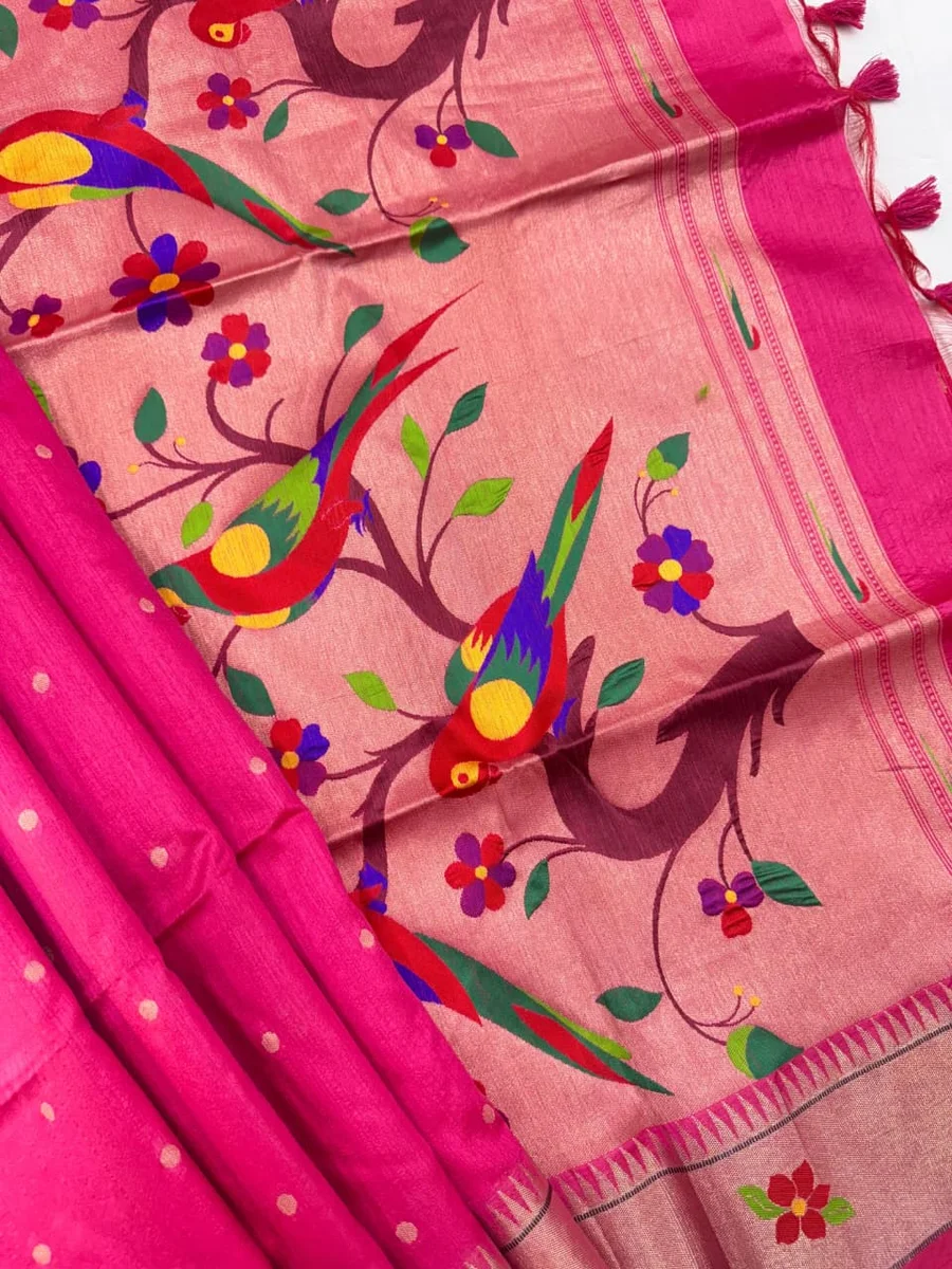 Phoolmala Paithani – Soft Khadi Raw Silk Saree with colorful rich Meena weaving Paithani pallu, traditional floral border, all-over small butties + full Zari wo