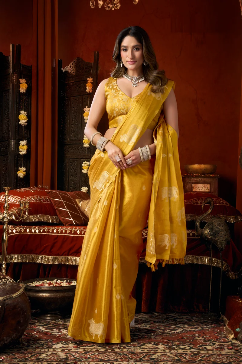 Supriya (Series 3601–3606) – Heavy Tissue Silk Saree with all-over Cow Butta & fancy tassels + matching blouse piece