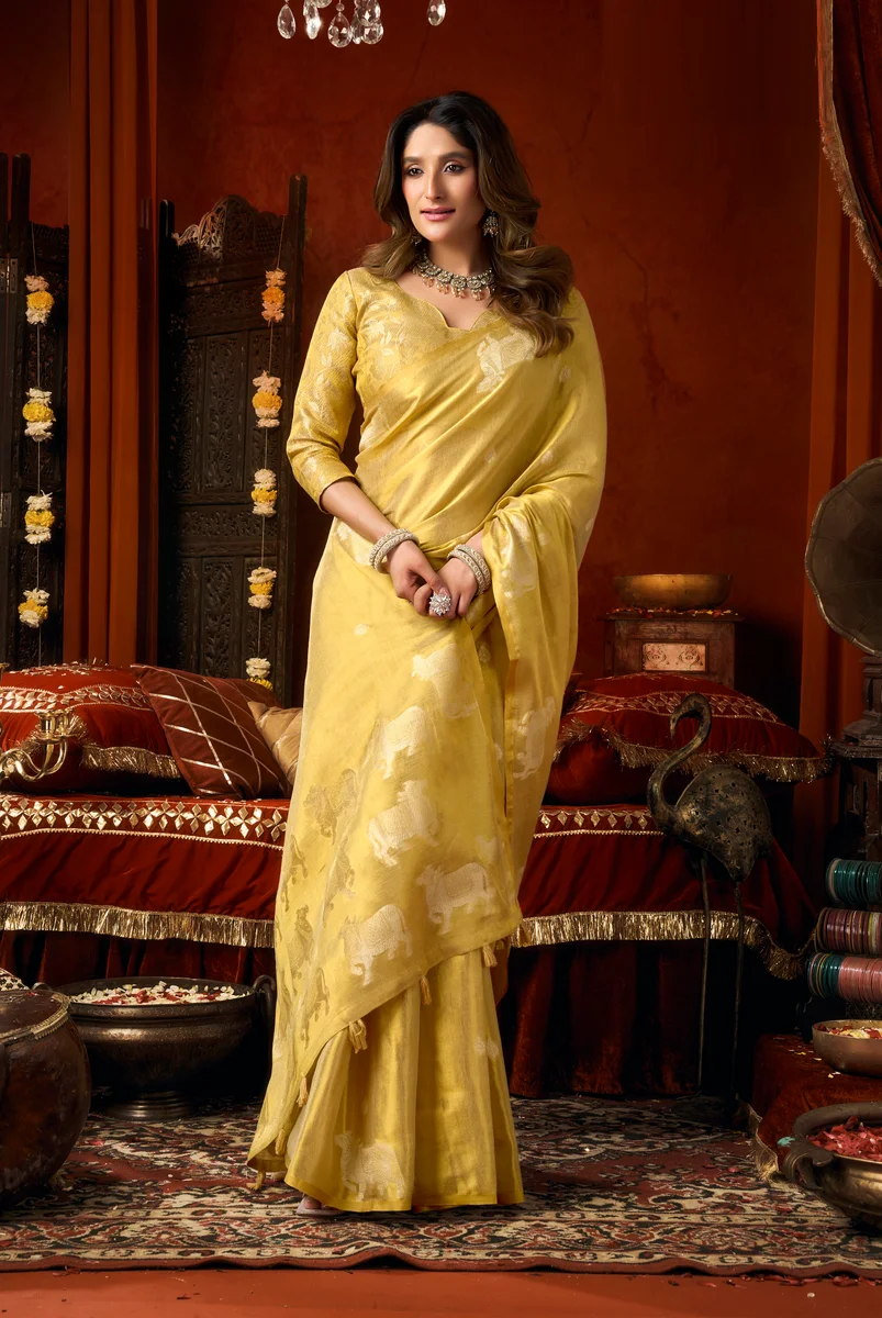 Supriya (Series 3601–3606) – Heavy Tissue Silk Saree with all-over Cow Butta & fancy tassels + matching blouse piece