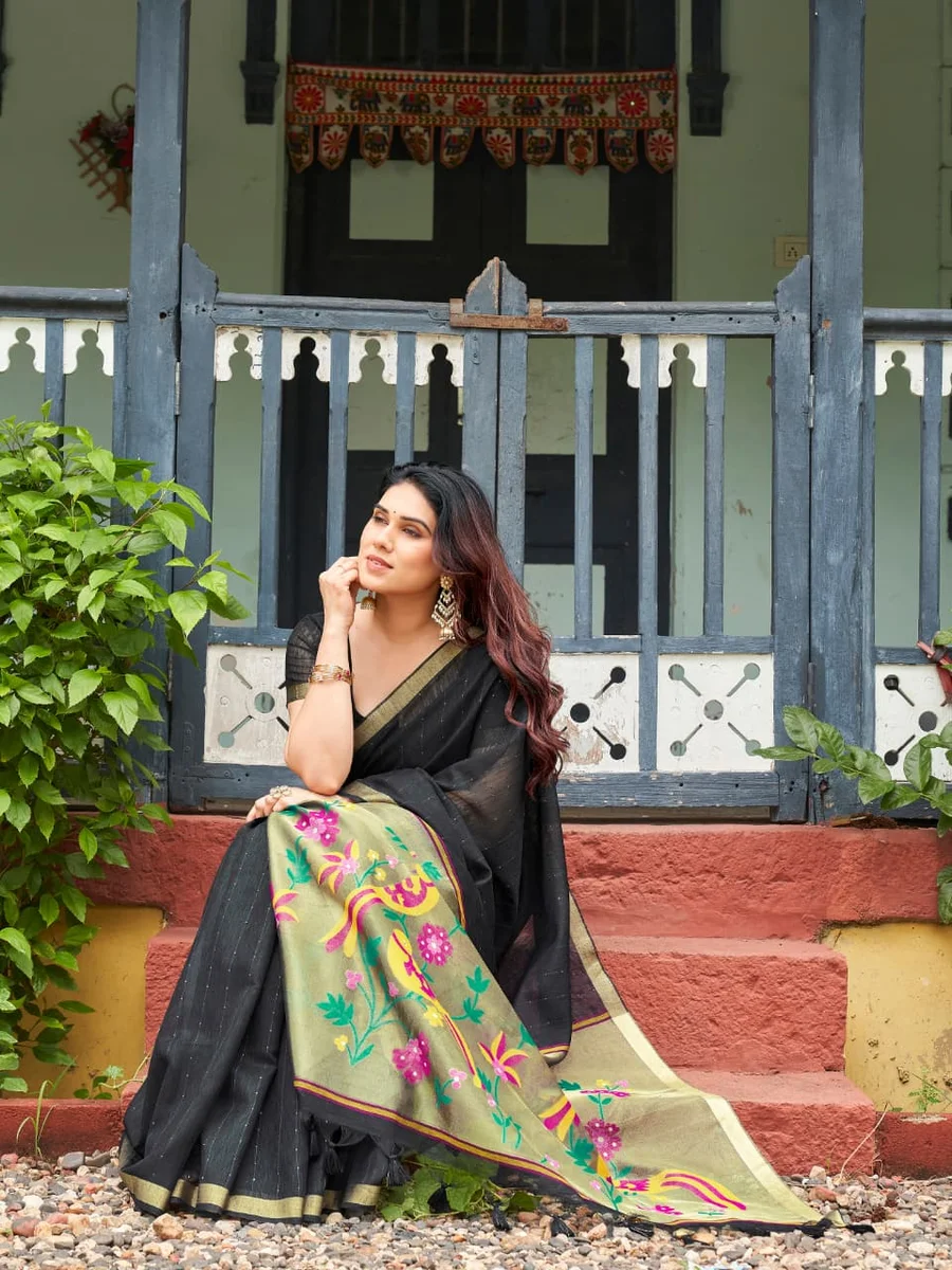 Linen Silk 708 – Premium Soft Pure Linen Silk Saree with rich Zari & Meena weaving tissue pallu, tiny Zari border, all-over sequence Zari lining + running blous