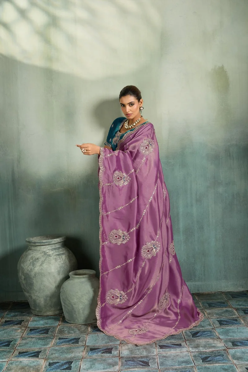 Giraffe Saree with rich texture, fluid drape, intricate Butta embroidery, handwork & stonework + Royal Makhmal Satin blouse in contrasting shades | Occasion: Pa