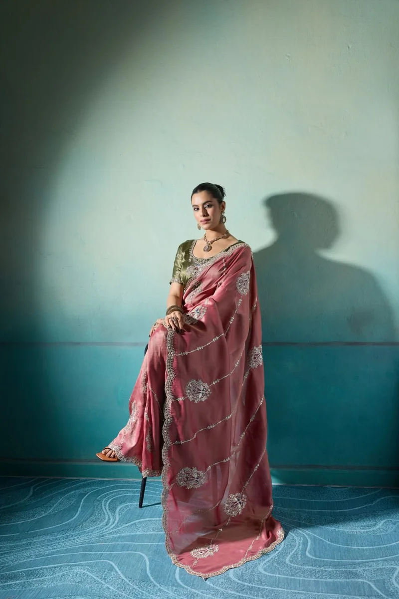 Giraffe Saree with rich texture, fluid drape, intricate Butta embroidery, handwork & stonework + Royal Makhmal Satin blouse in contrasting shades | Occasion: Pa