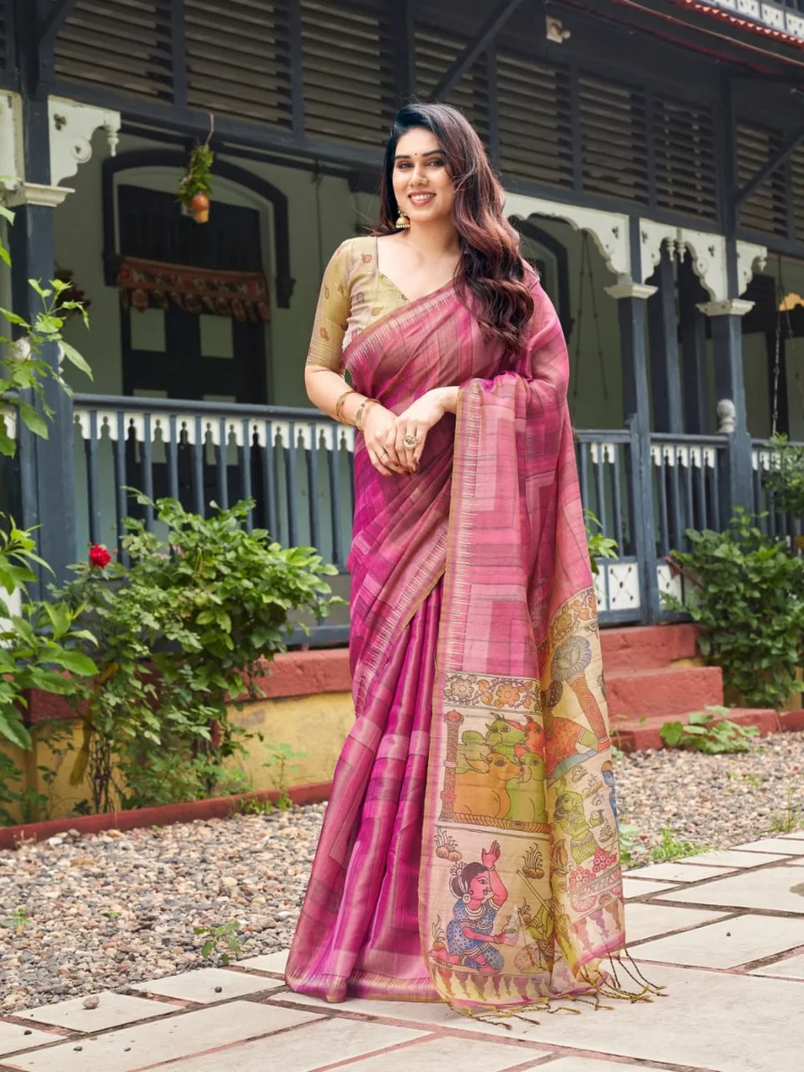 TISSUE TUSSAR 6 – Premium soft Tissue Tussar silk saree with traditional Kalamkari print pallu, classic temple border, all-over colourful strips + contrast blou