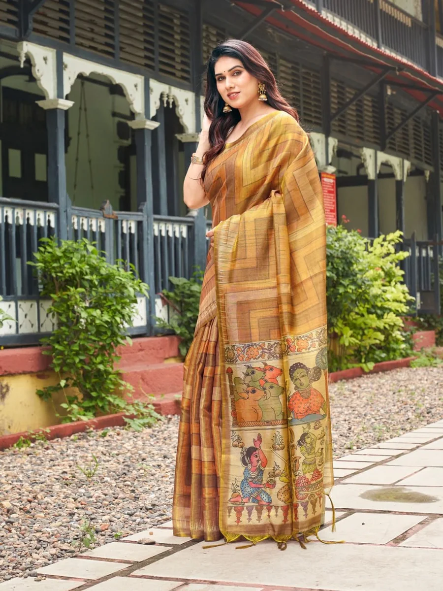 TISSUE TUSSAR 6 – Premium soft Tissue Tussar silk saree with traditional Kalamkari print pallu, classic temple border, all-over colourful strips + contrast blou
