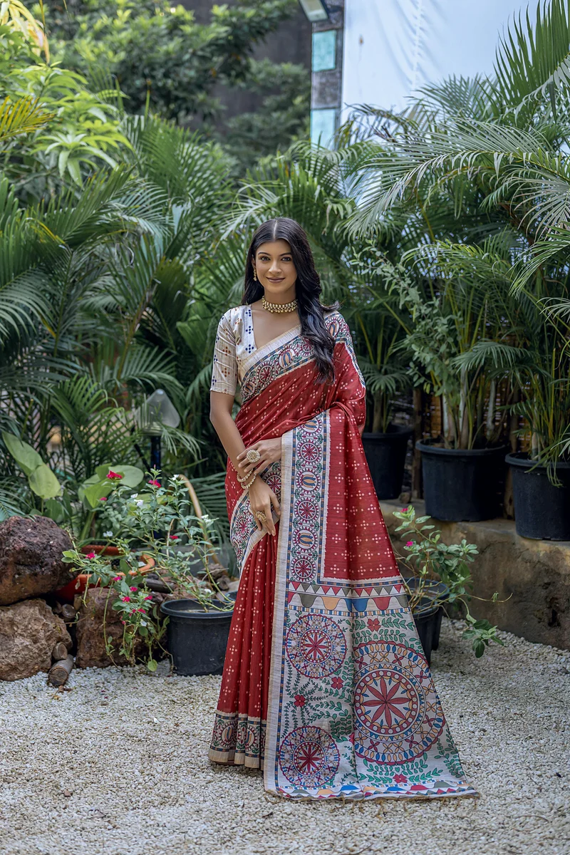 YOGITA MADHUBANI 2 – Soft Tussar Silk with beautiful Madhubani print on pallu & border, classic Bandhani print all over body + contrast blouse piece