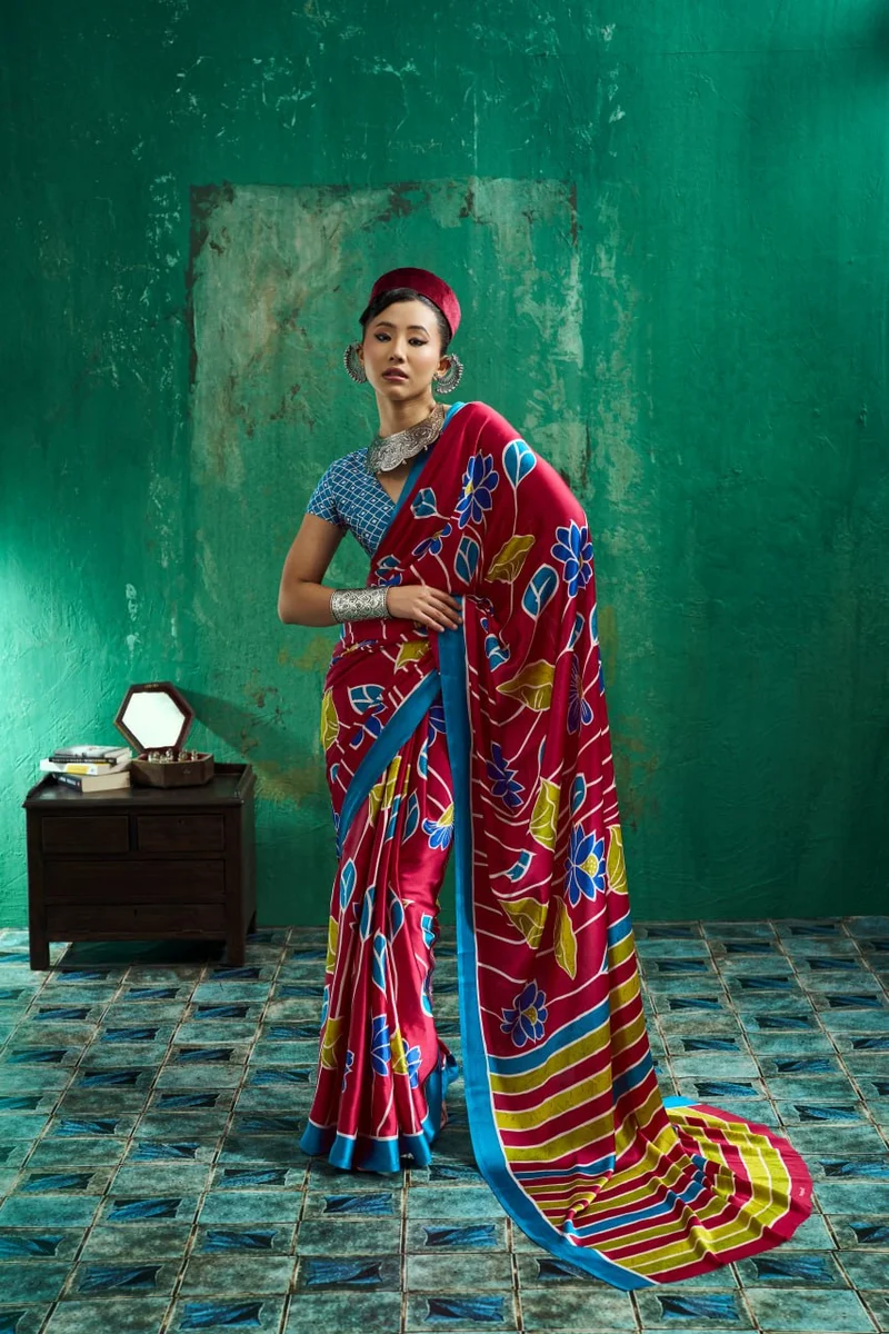 Modal Satin Ajrakh Print Saree + matching Moda blouse by www.Laavsee.com