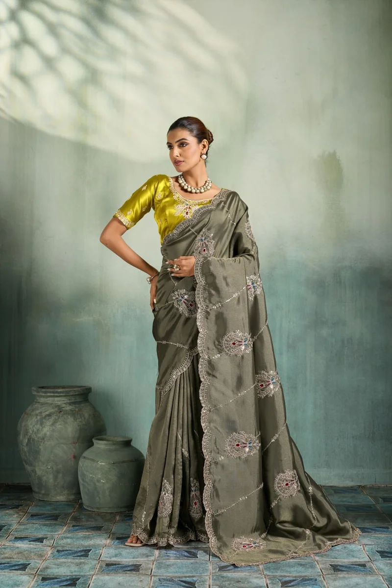 Giraffe Saree with rich texture, fluid drape, intricate Butta embroidery, handwork & stonework + Royal Makhmal Satin blouse in contrasting shades | Occasion: Pa