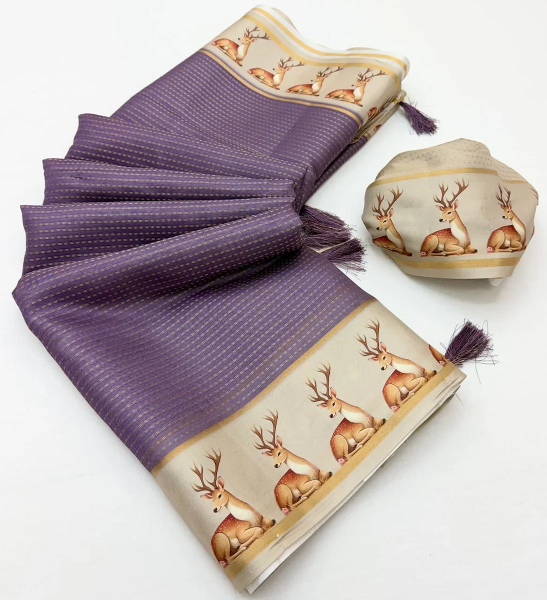 Chhavi Tusser – Soft Tussar with Bentex border, small Zari checks & tassels + matching blouse piece