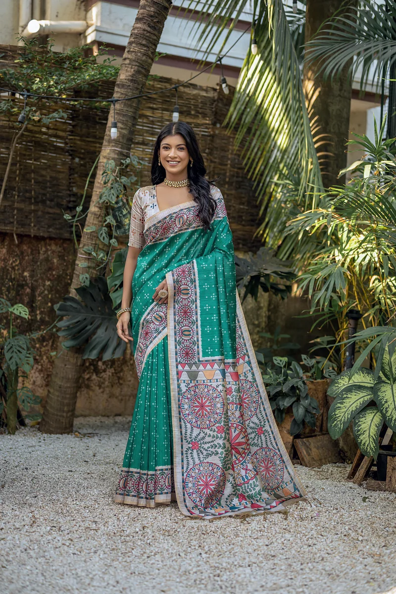 YOGITA MADHUBANI 2 – Soft Tussar Silk with beautiful Madhubani print on pallu & border, classic Bandhani print all over body + contrast blouse piece