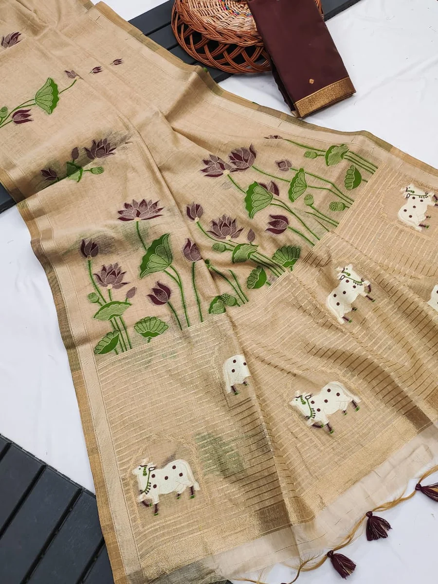 Premium soft Muga cotton saree with classic rich Zari & Cow Weaving Pichwai pallu, tiny Zari border, all-over lotus weaving, fancy tassels + contrast blouse pie