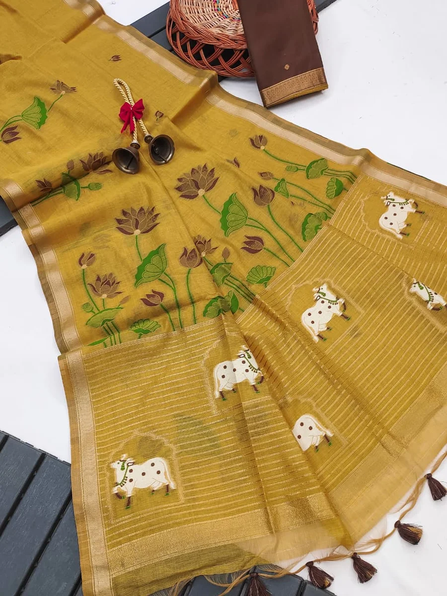 Premium soft Muga cotton saree with classic rich Zari & Cow Weaving Pichwai pallu, tiny Zari border, all-over lotus weaving, fancy tassels + contrast blouse pie