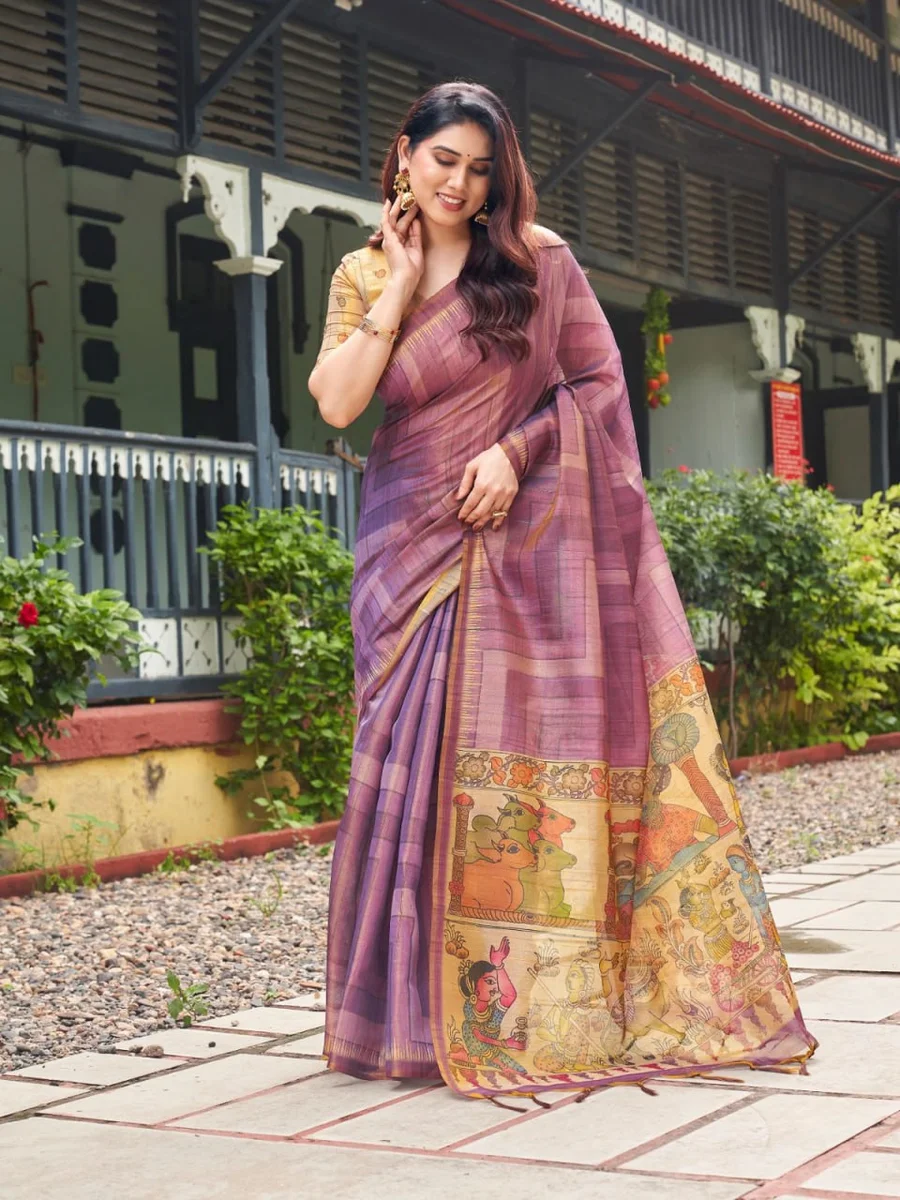 TISSUE TUSSAR 6 – Premium soft Tissue Tussar silk saree with traditional Kalamkari print pallu, classic temple border, all-over colourful strips + contrast blou