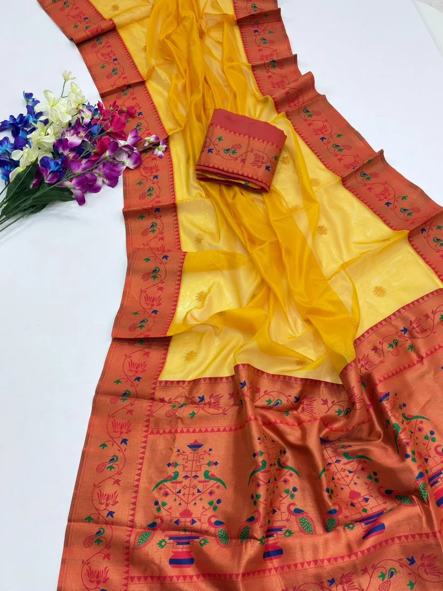 Paithani 652 – Premium Soft Tissue Silk Paithani Saree with rich Zari woven Paithani pallu, contrast Zari & Meena classic lotus woven border, all-over tiny butt