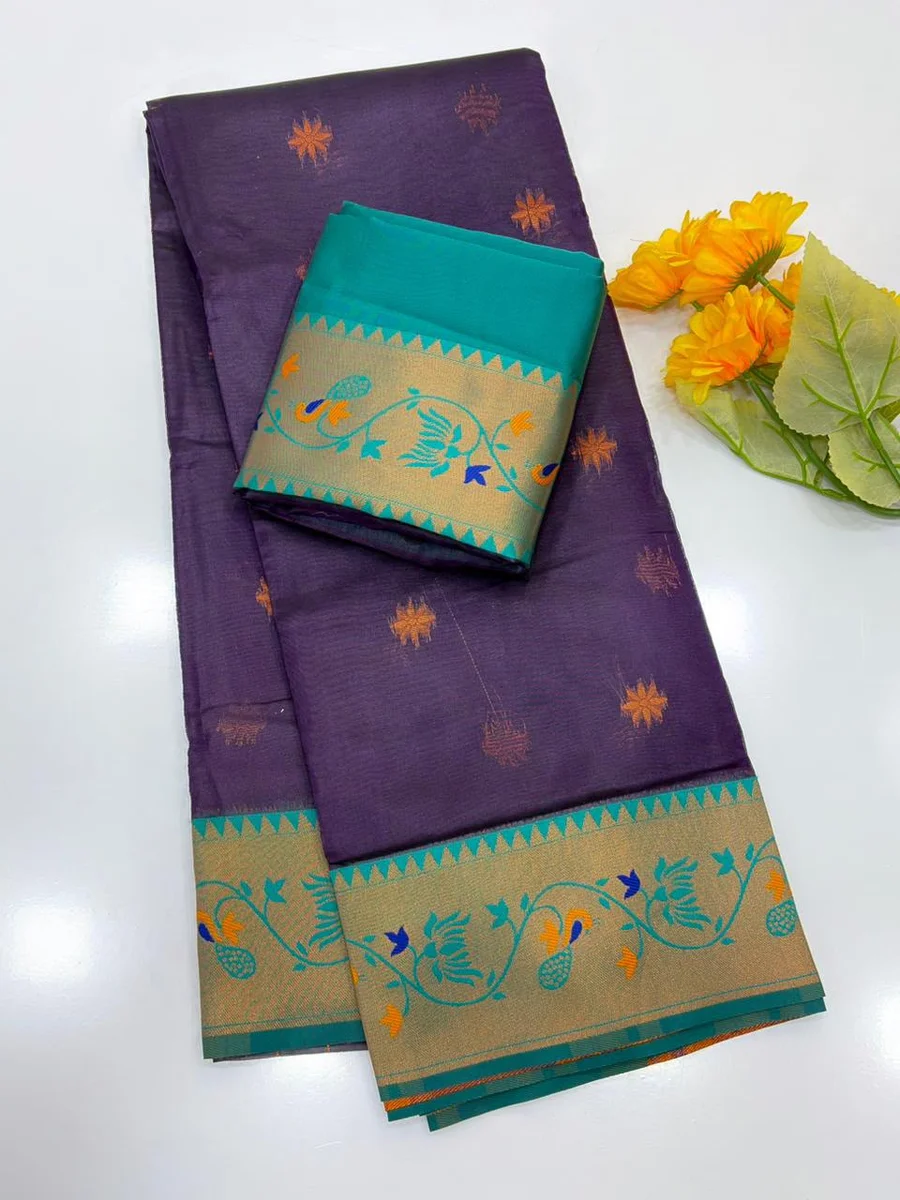Paithani 652 – Premium Soft Tissue Silk Paithani Saree with rich Zari woven Paithani pallu, contrast Zari & Meena classic lotus woven border, all-over tiny butt