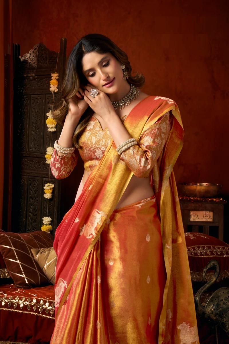 Supriya (Series 3601–3606) – Heavy Tissue Silk Saree with all-over Cow Butta & fancy tassels + matching blouse piece