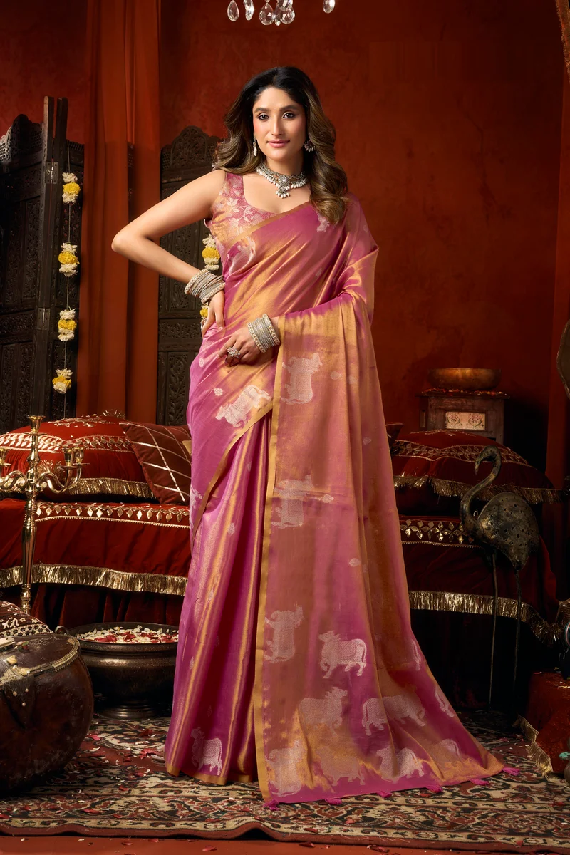 Supriya (Series 3601–3606) – Heavy Tissue Silk Saree with all-over Cow Butta & fancy tassels + matching blouse piece