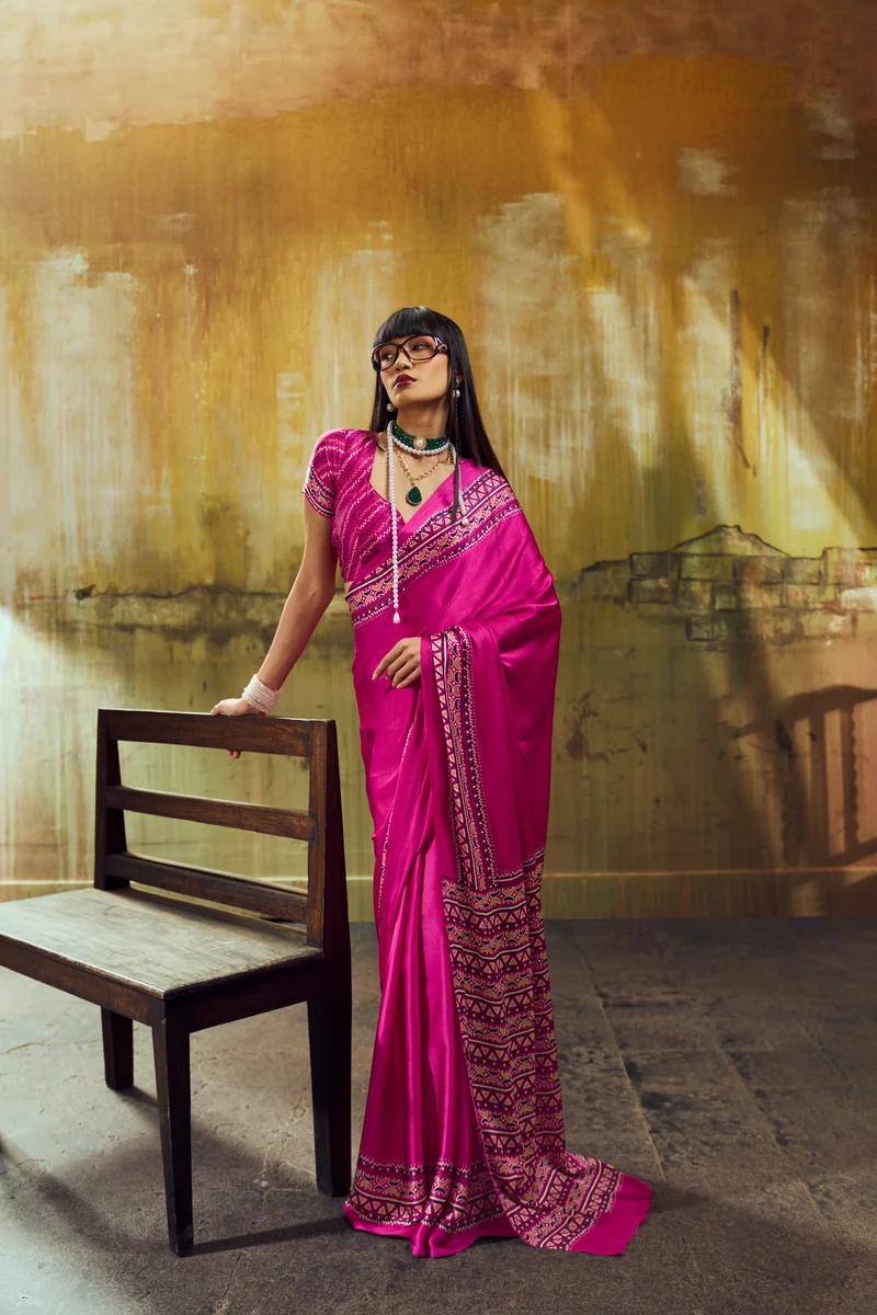 Modal Satin Ajrakh Print Saree + matching Modal Satin Ajrakh Print blouse by www.Laavsee.com