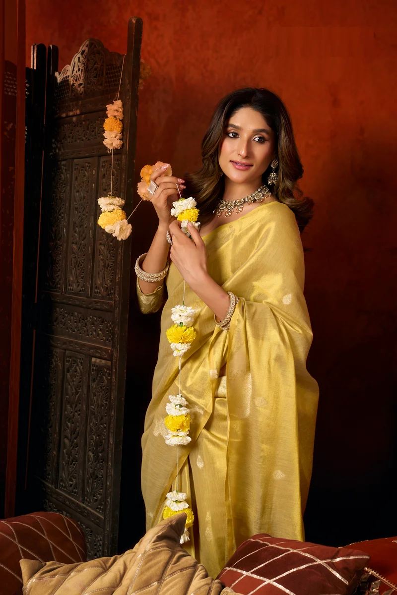 Supriya (Series 3601–3606) – Heavy Tissue Silk Saree with all-over Cow Butta & fancy tassels + matching blouse piece