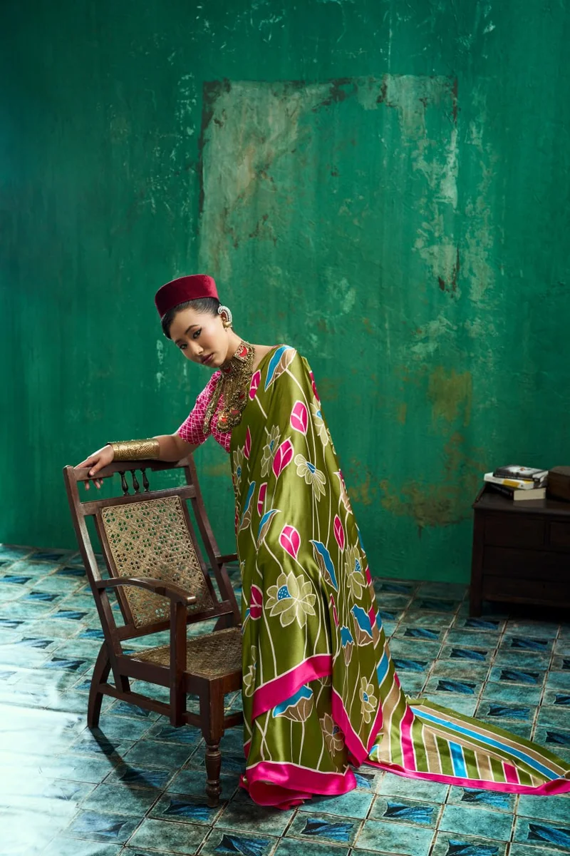 Modal Satin Ajrakh Print Saree + matching Moda blouse by www.Laavsee.com