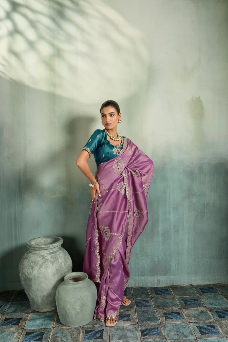 Giraffe Saree with rich texture, fluid drape, intricate Butta embroidery, handwork & stonework + Royal Makhmal Satin blouse in contrasting shades | Occasion: Pa