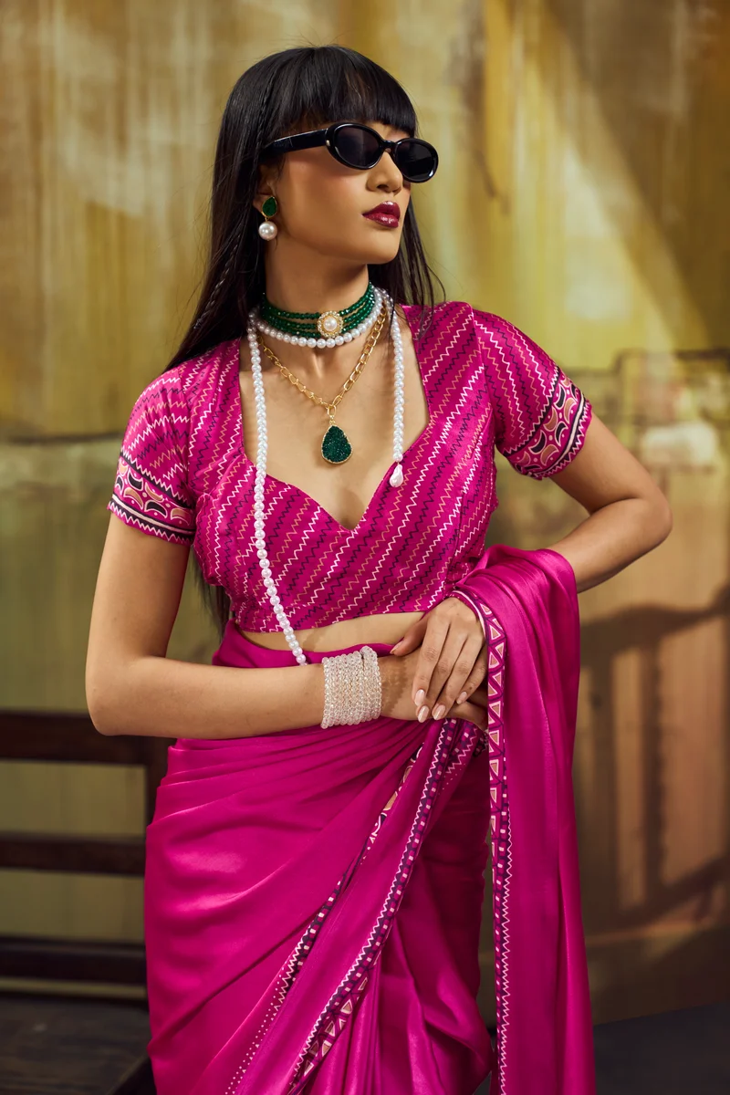 Modal Satin Ajrakh Print Saree + matching Modal Satin Ajrakh Print blouse by www.Laavsee.com