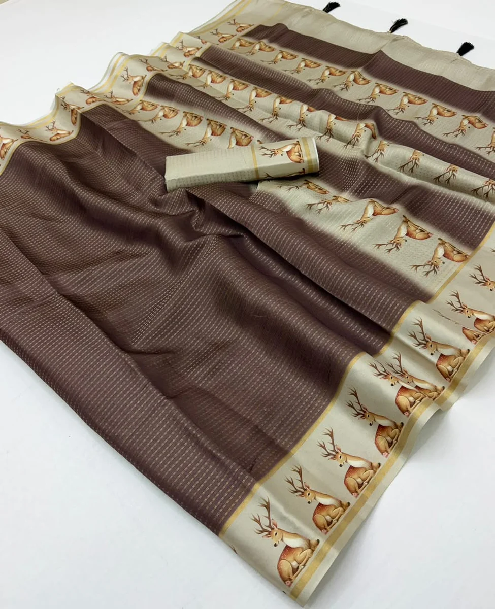 Chhavi Tusser – Soft Tussar with Bentex border, small Zari checks & tassels + matching blouse piece