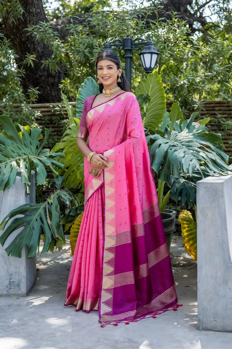 WhatsApp 📞 +917698385113 www.Laavsee.com __ LV202CN151026-1 ✨ Elisha Pyramid – Semi Tussar Silk Saree with all-over Bandhani Butti weaves, traditional temple b