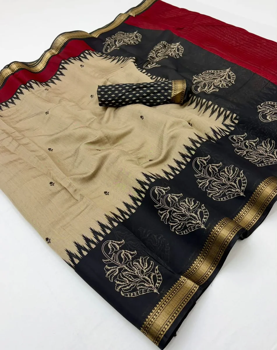Soft Mul Cotton Saree with unique print, beautiful pallu & Zari border + matching blouse piece