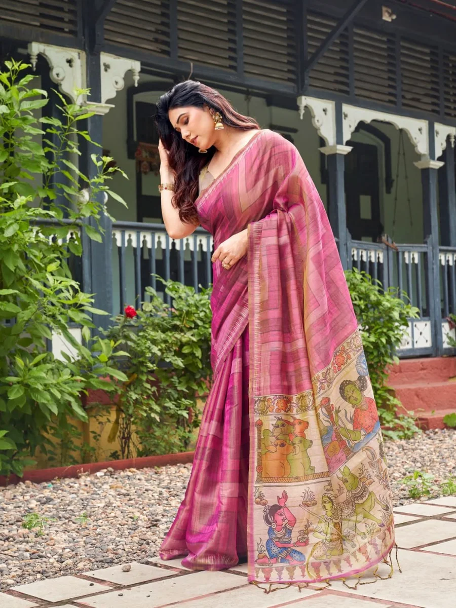 TISSUE TUSSAR 6 – Premium soft Tissue Tussar silk saree with traditional Kalamkari print pallu, classic temple border, all-over colourful strips + contrast blou