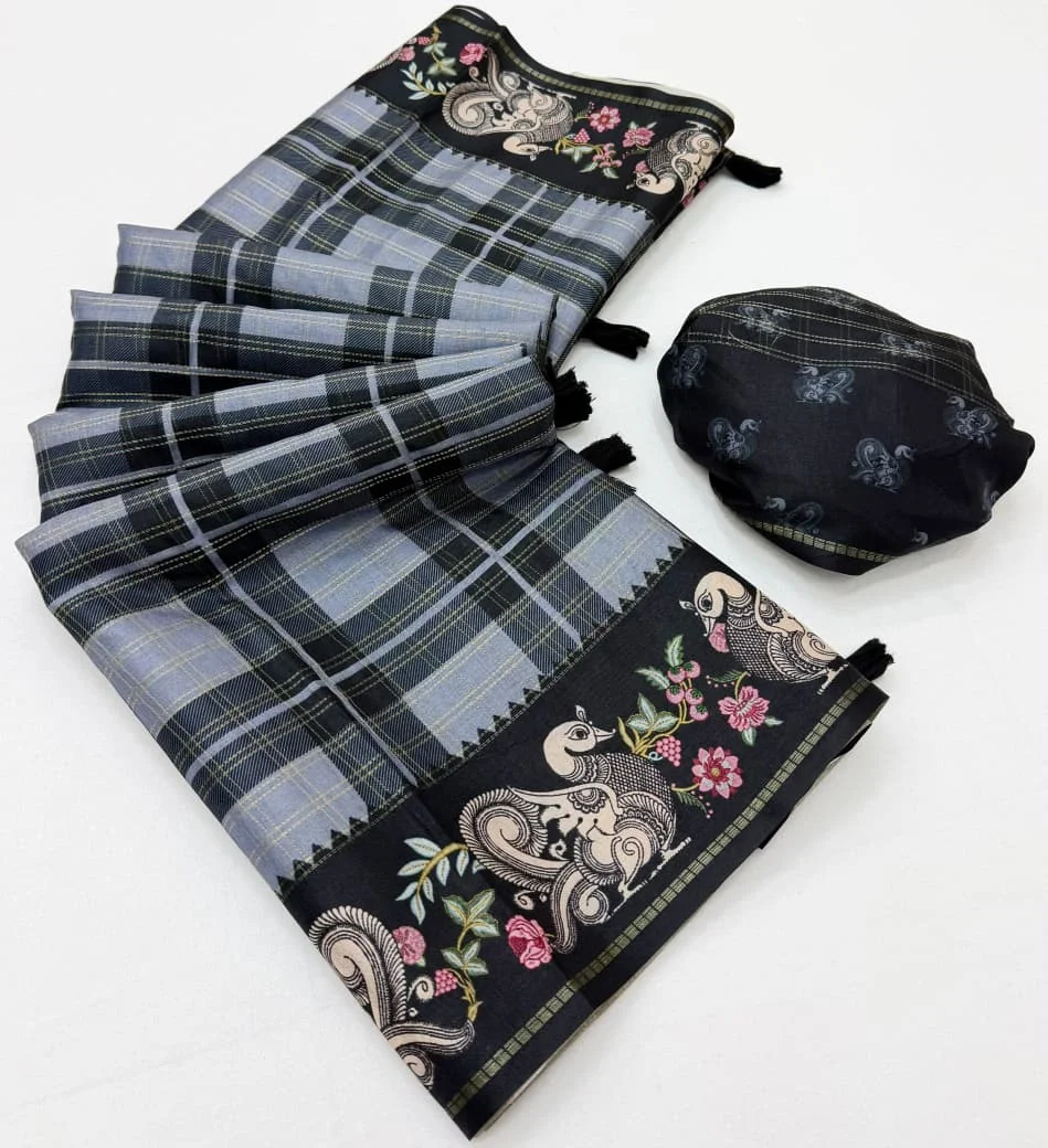 Charvi Tusser – Soft Tussar with Bentex border, Kalamkari pallu & border, small Zari checks, tassels + matching blouse piece