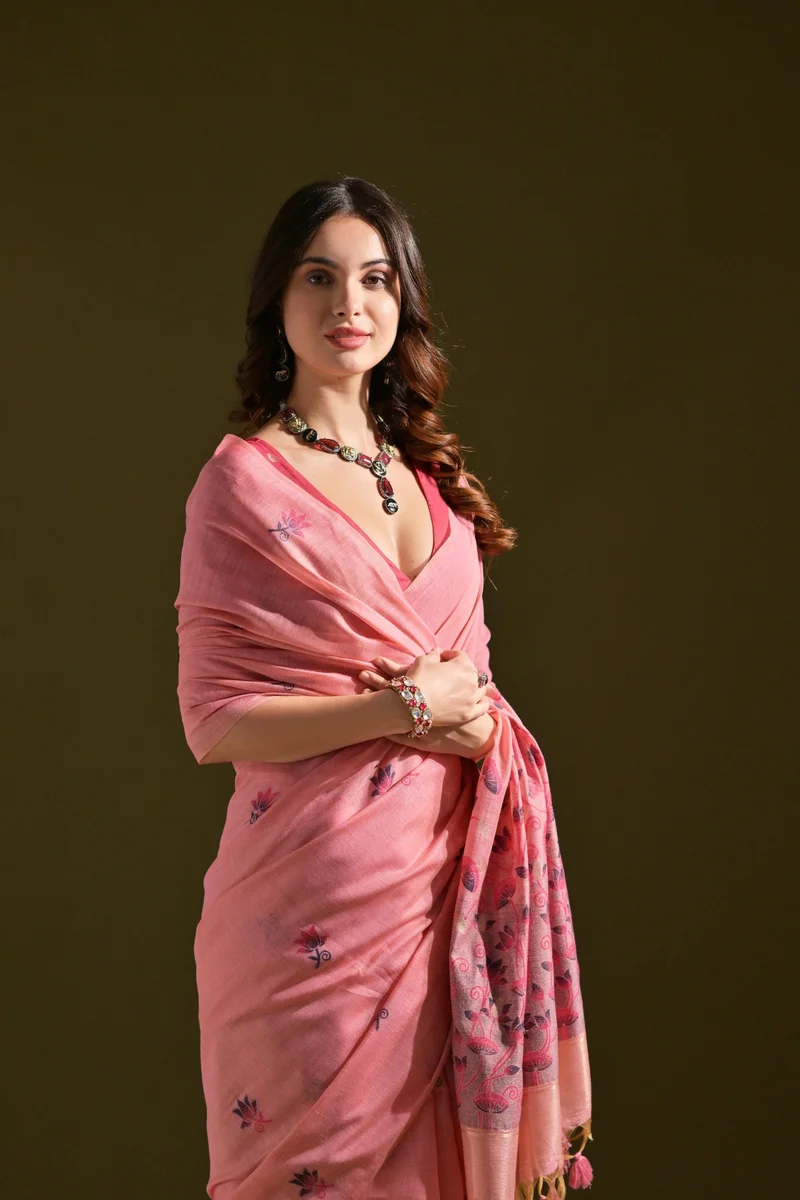 MUGA COTTON 217 – Premium soft Muga cotton saree with all-over floral weaving pattern (Pichwai-style), classic colourful Resham weaving pallu, fancy tassels + c