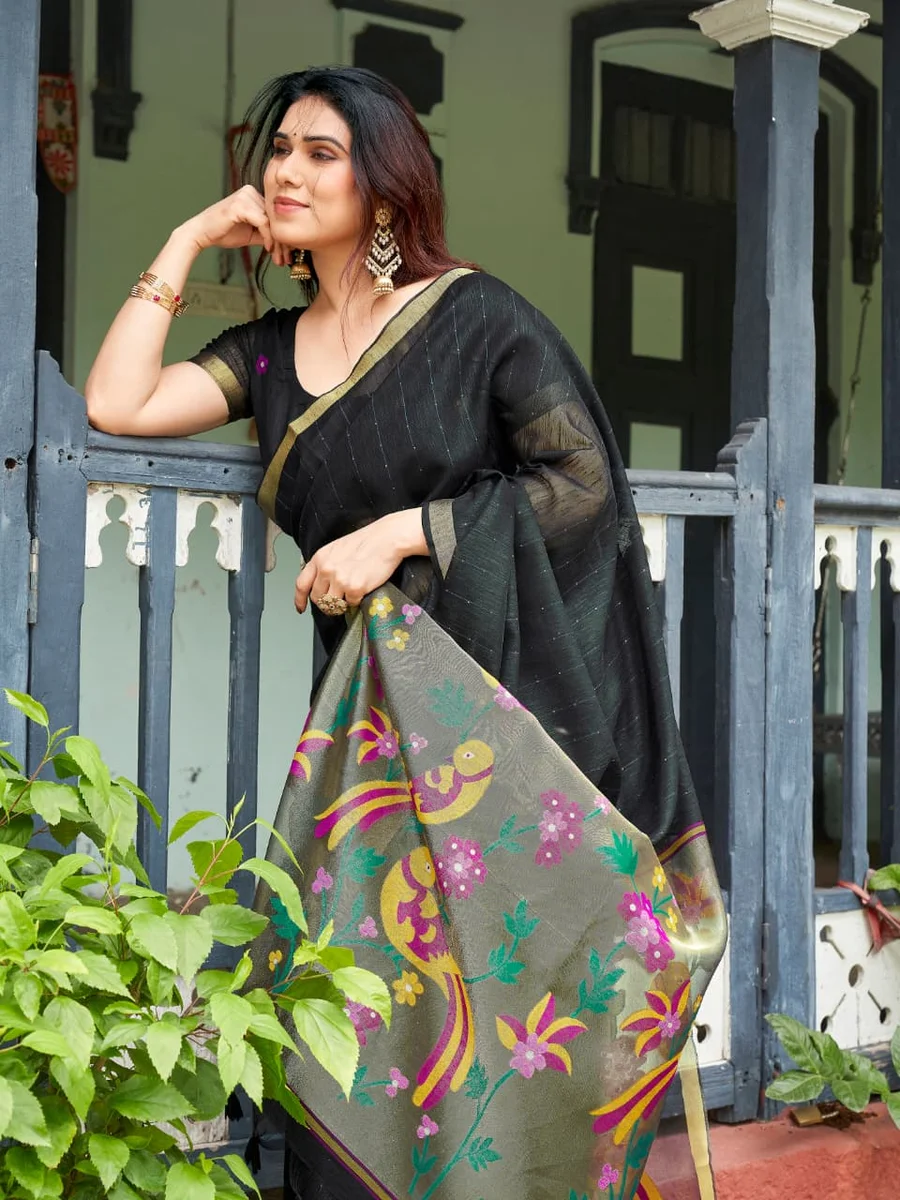 Linen Silk 708 – Premium Soft Pure Linen Silk Saree with rich Zari & Meena weaving tissue pallu, tiny Zari border, all-over sequence Zari lining + running blous