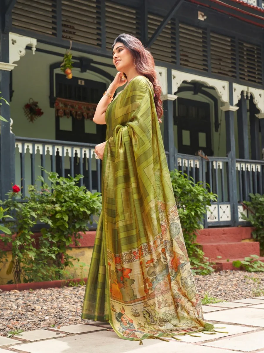 TISSUE TUSSAR 6 – Premium soft Tissue Tussar silk saree with traditional Kalamkari print pallu, classic temple border, all-over colourful strips + contrast blou