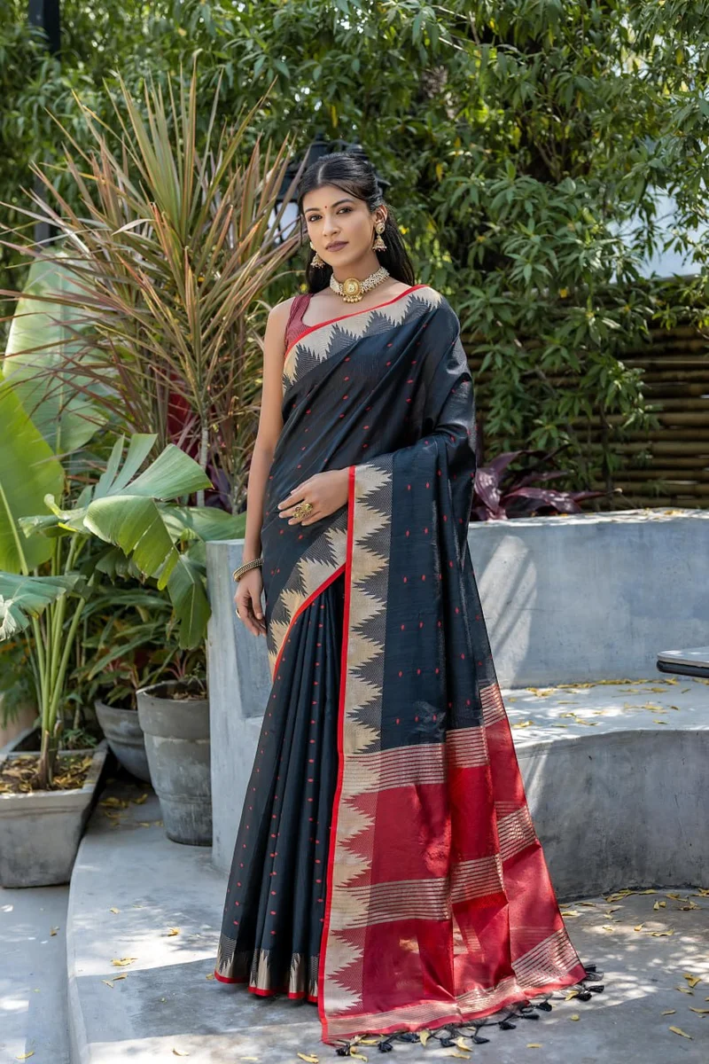 WhatsApp 📞 +917698385113 www.Laavsee.com __ LV202CN151026-1 ✨ Elisha Pyramid – Semi Tussar Silk Saree with all-over Bandhani Butti weaves, traditional temple b