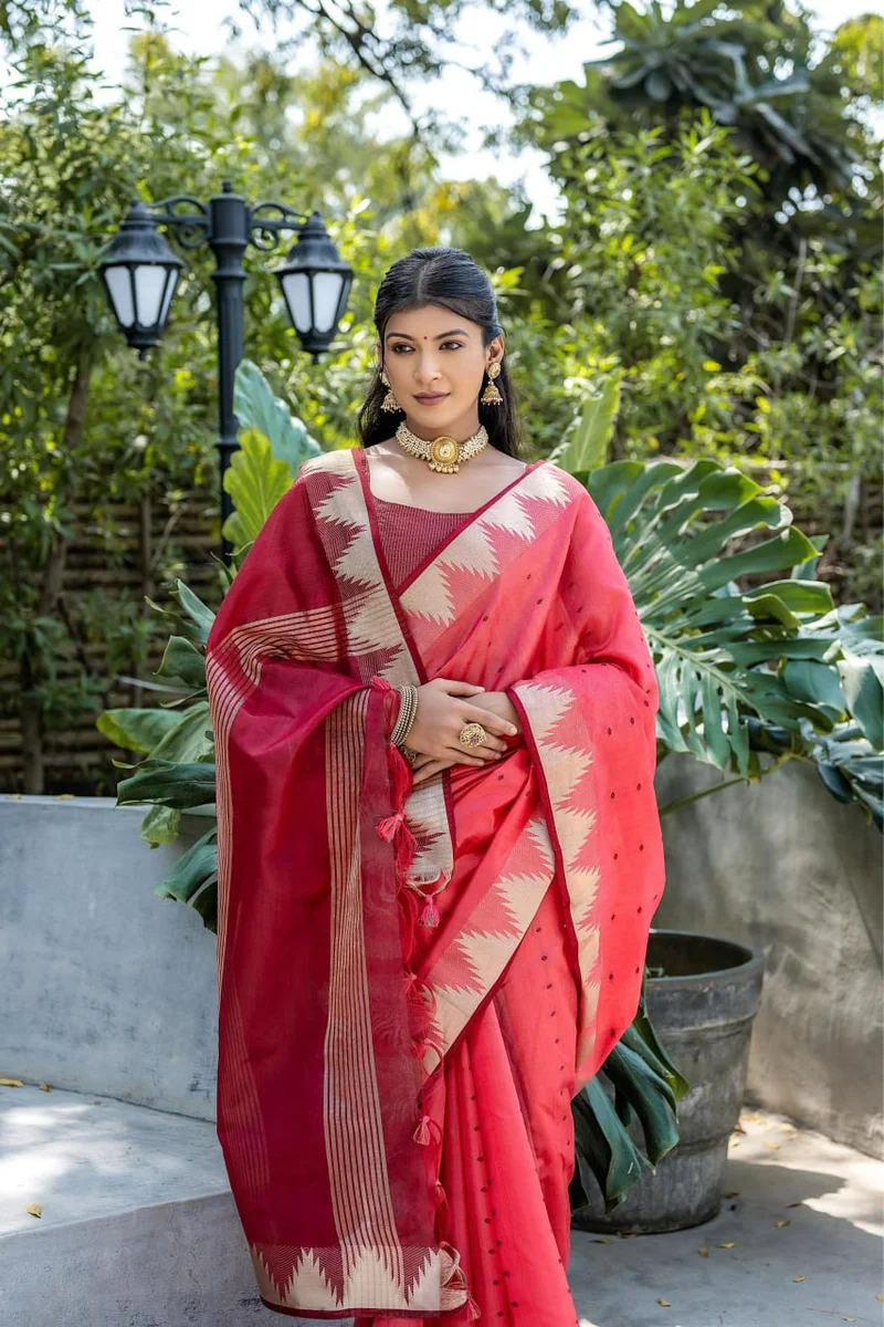 WhatsApp 📞 +917698385113 www.Laavsee.com __ LV202CN151026-1 ✨ Elisha Pyramid – Semi Tussar Silk Saree with all-over Bandhani Butti weaves, traditional temple b