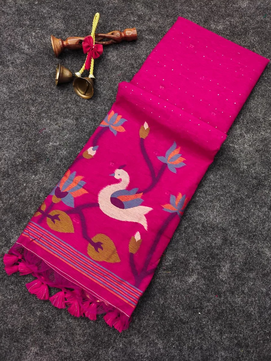 LINEN SILK 606 – Premium soft linen silk saree with Meena weaving, rich Jamdani pallu by www.Laavsee.com