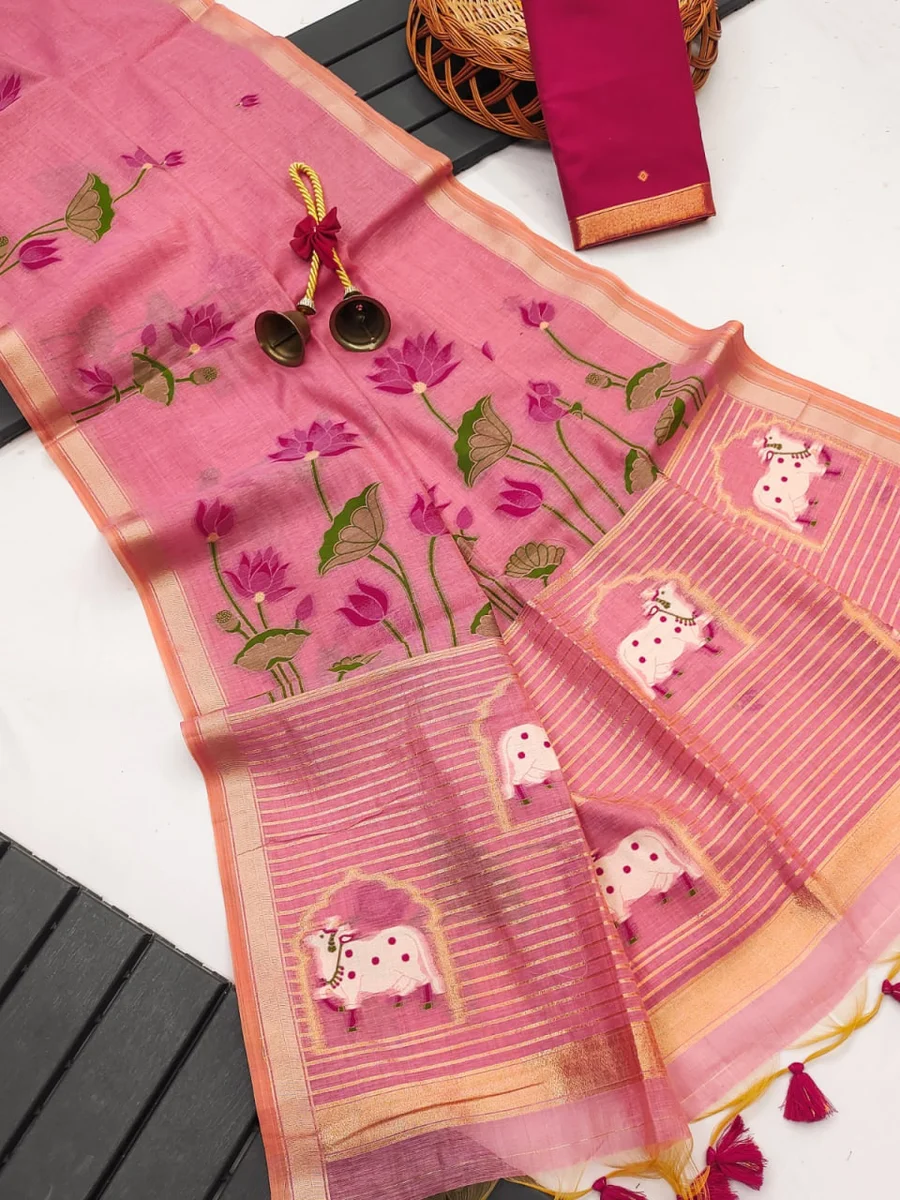 Premium soft Muga cotton saree with classic rich Zari & Cow Weaving Pichwai pallu, tiny Zari border, all-over lotus weaving, fancy tassels + contrast blouse pie