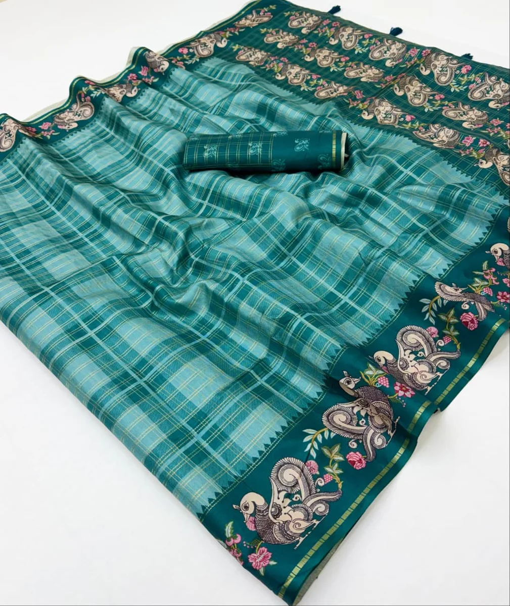 Charvi Tusser – Soft Tussar with Bentex border, Kalamkari pallu & border, small Zari checks, tassels + matching blouse piece