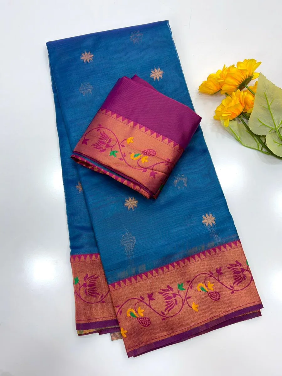 Paithani 652 – Premium Soft Tissue Silk Paithani Saree with rich Zari woven Paithani pallu, contrast Zari & Meena classic lotus woven border, all-over tiny butt