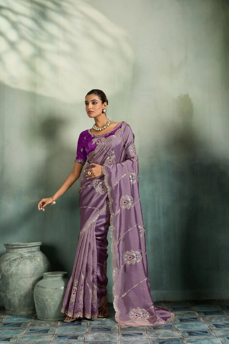 Giraffe Saree with rich texture, fluid drape, intricate Butta embroidery, handwork & stonework + Royal Makhmal Satin blouse in contrasting shades | Occasion: Pa