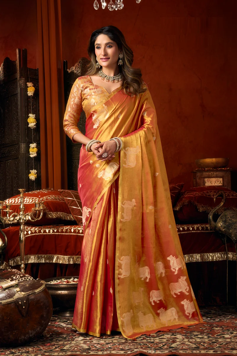 Supriya (Series 3601–3606) – Heavy Tissue Silk Saree with all-over Cow Butta & fancy tassels + matching blouse piece