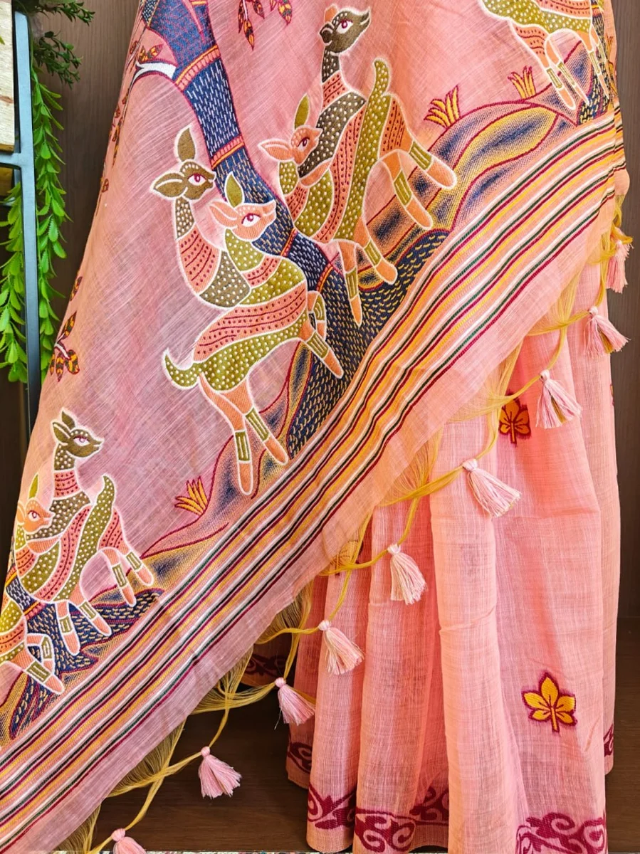 Premium Soft Muga Cotton Saree with Hiran & Tree woven pallu, all-over floral weaving, contrast border, fancy tassels + running blouse piece