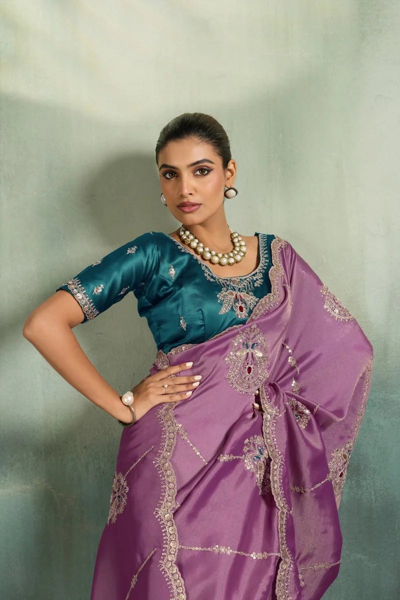 Giraffe Saree with rich texture, fluid drape, intricate Butta embroidery, handwork & stonework + Royal Makhmal Satin blouse in contrasting shades | Occasion: Pa