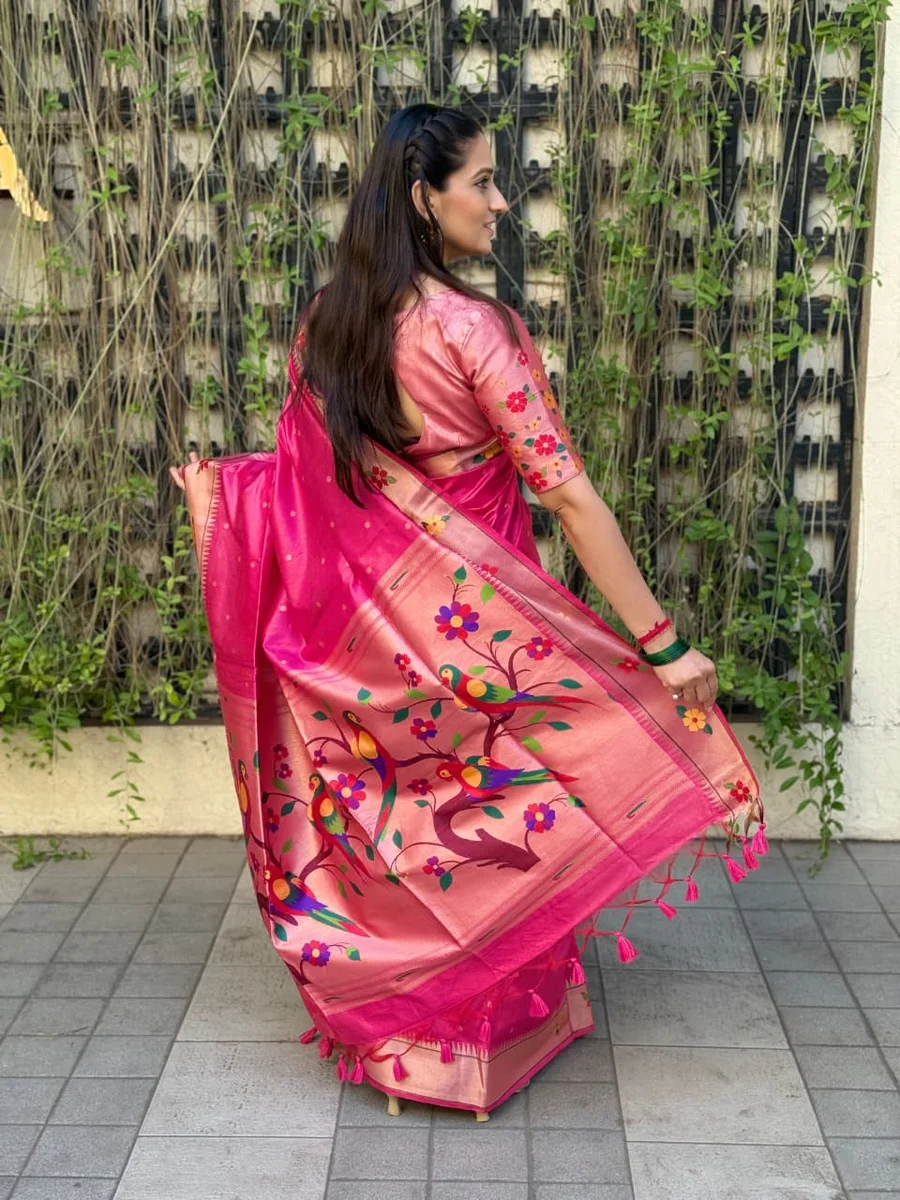 Phoolmala Paithani – Soft Khadi Raw Silk Saree with colorful rich Meena weaving Paithani pallu, traditional floral border, all-over small butties + full Zari wo