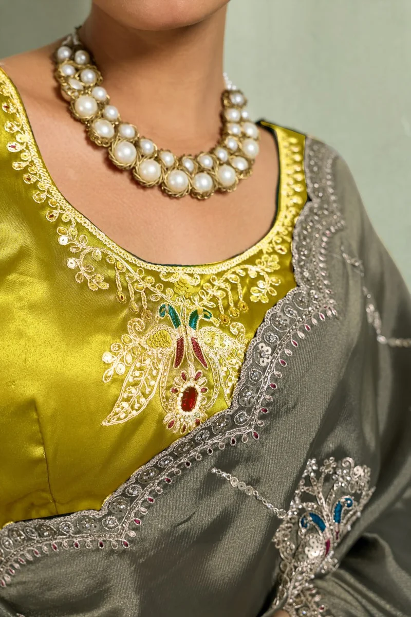 Giraffe Saree with rich texture, fluid drape, intricate Butta embroidery, handwork & stonework + Royal Makhmal Satin blouse in contrasting shades | Occasion: Pa