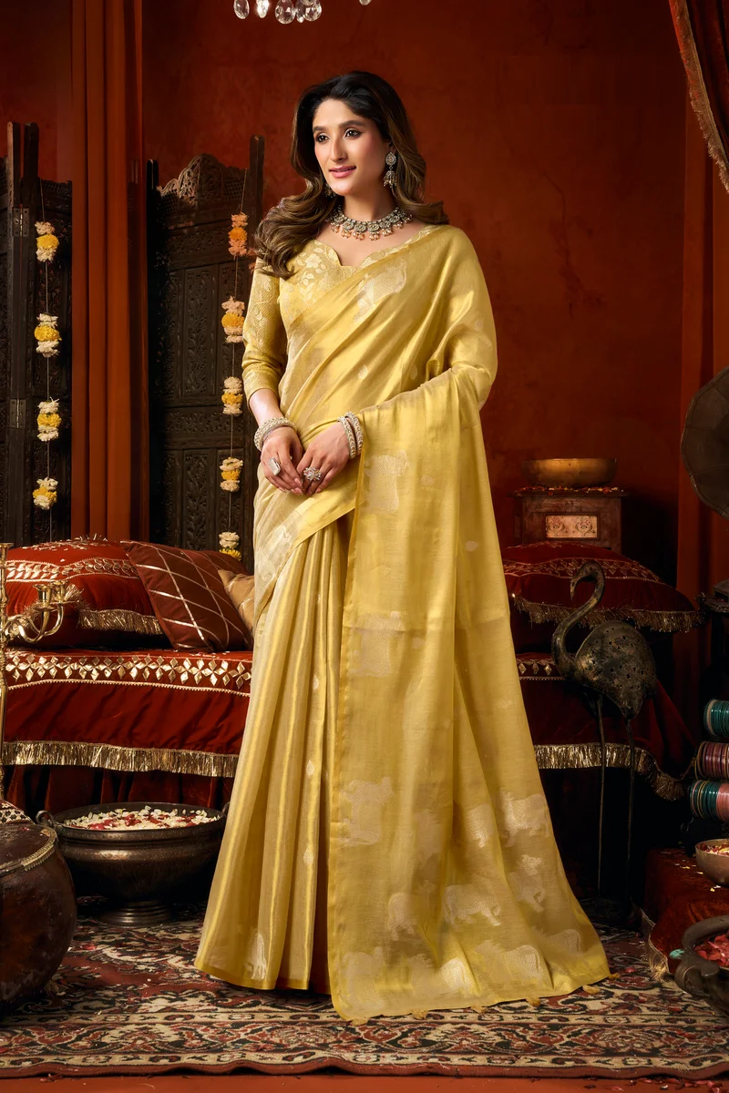 Supriya (Series 3601–3606) – Heavy Tissue Silk Saree with all-over Cow Butta & fancy tassels + matching blouse piece