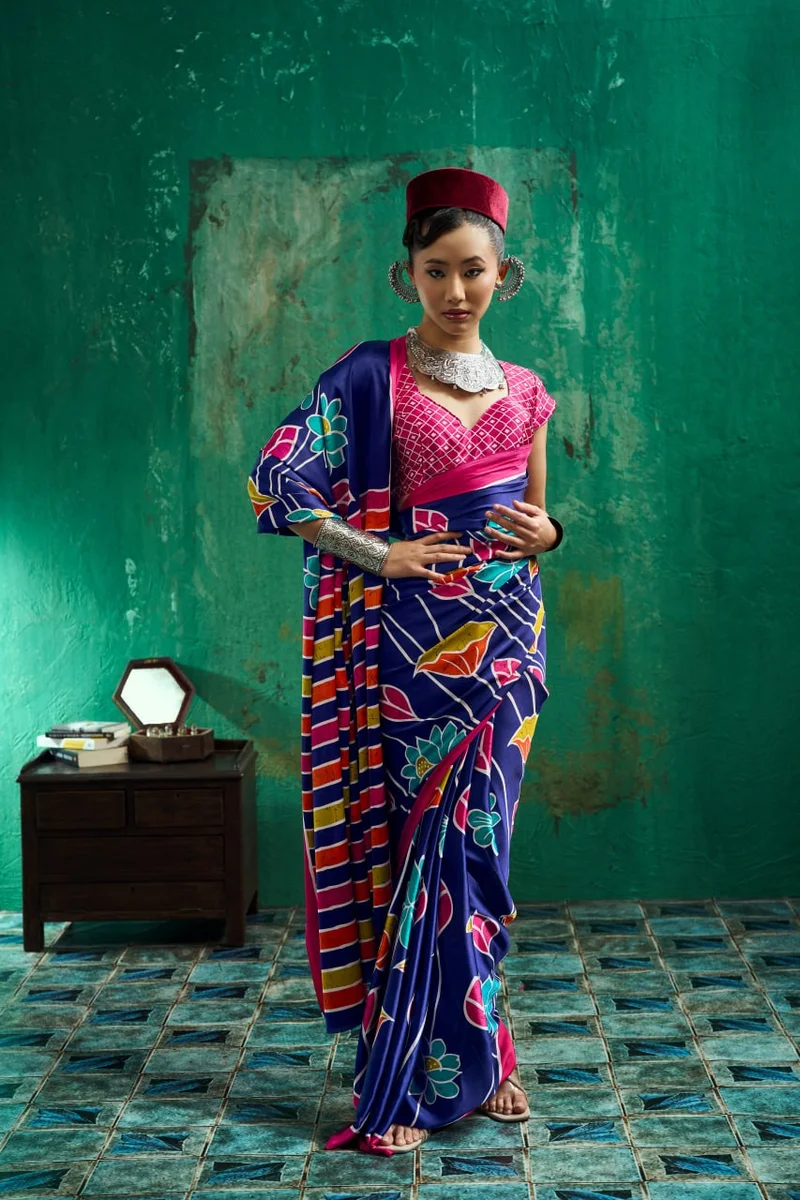Modal Satin Ajrakh Print Saree + matching Moda blouse by www.Laavsee.com