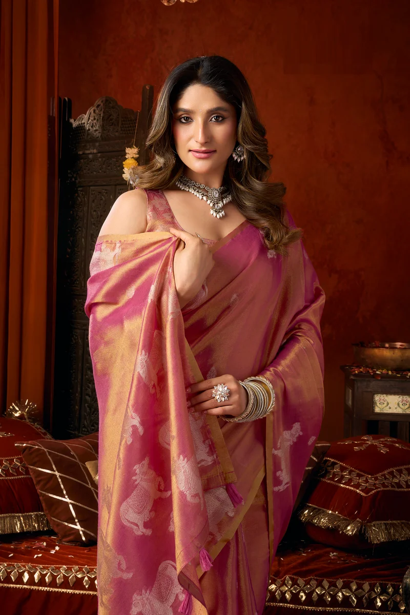 Supriya (Series 3601–3606) – Heavy Tissue Silk Saree with all-over Cow Butta & fancy tassels + matching blouse piece