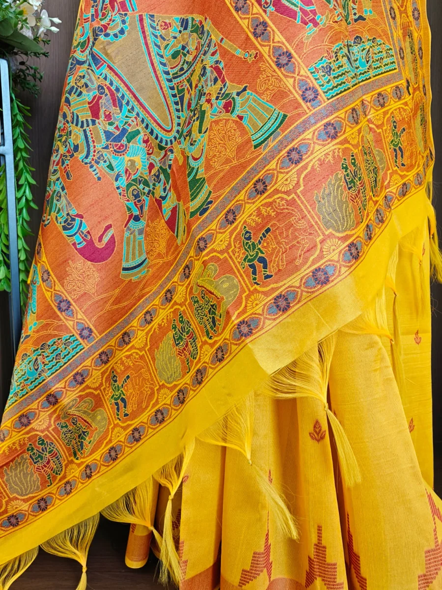 LV202CN151026-6 — HANDLOOM 430 - Raw silk saree with Kalamkari elephant and Kathakali pallu, temple weaving border, all-over butti, contrast blouse, and fancy t